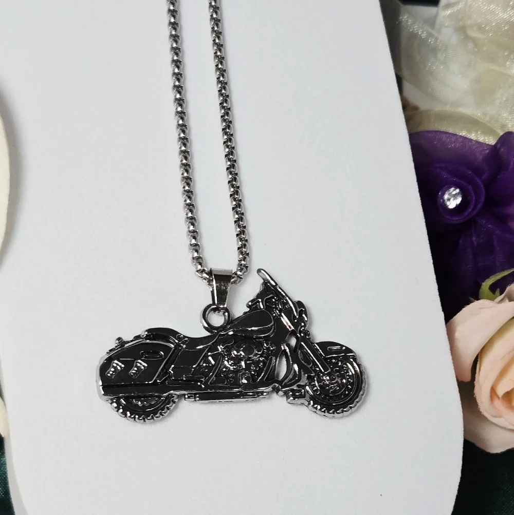Silver Motorcycle Pendant Necklace 24” Stainless Steel Chain Edgy Biker Gift
